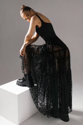 Black Lace Panel Boho Maxi Skirt