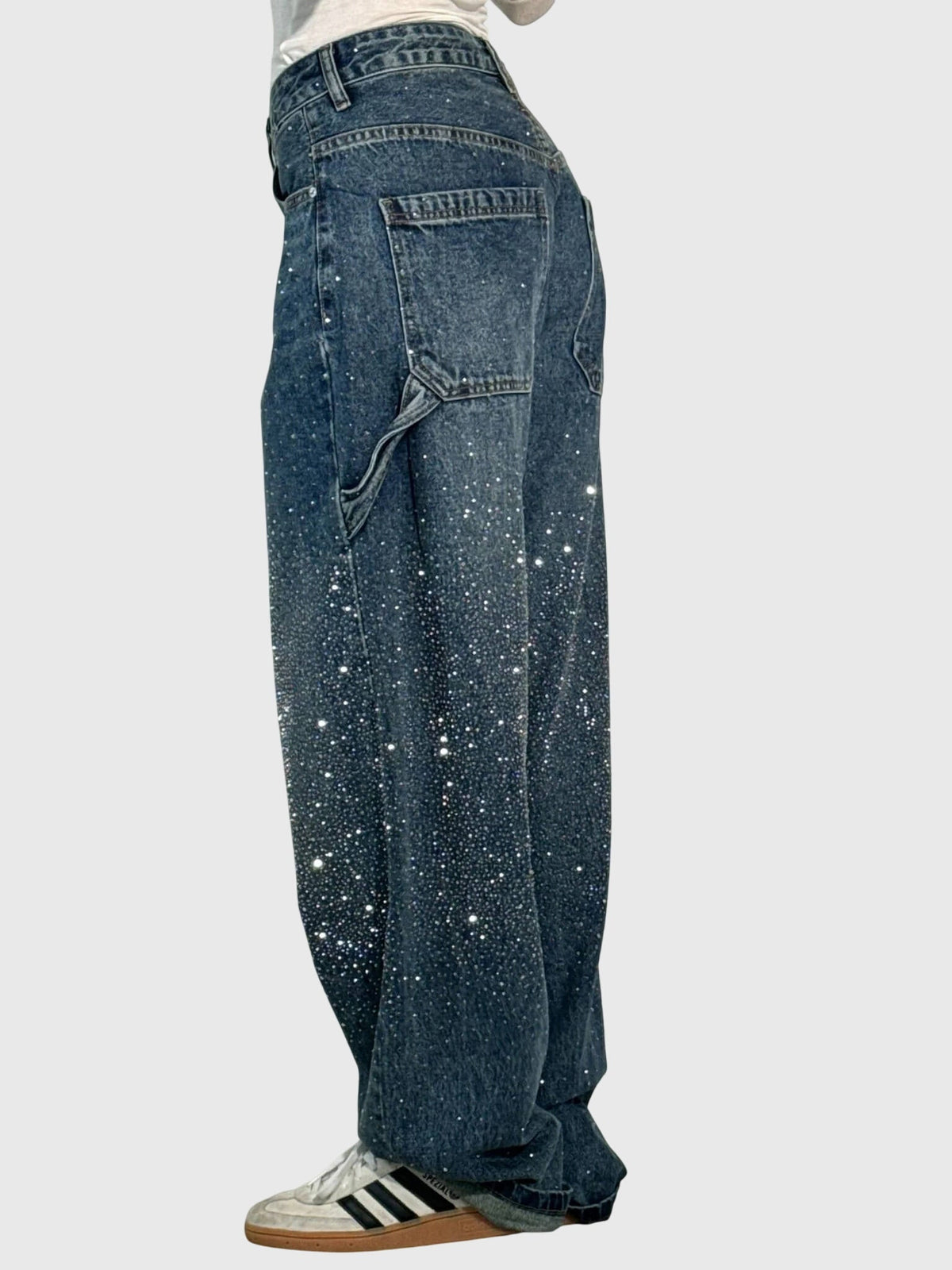 Rhinestone Embellished Wide Leg Cargo Jeans