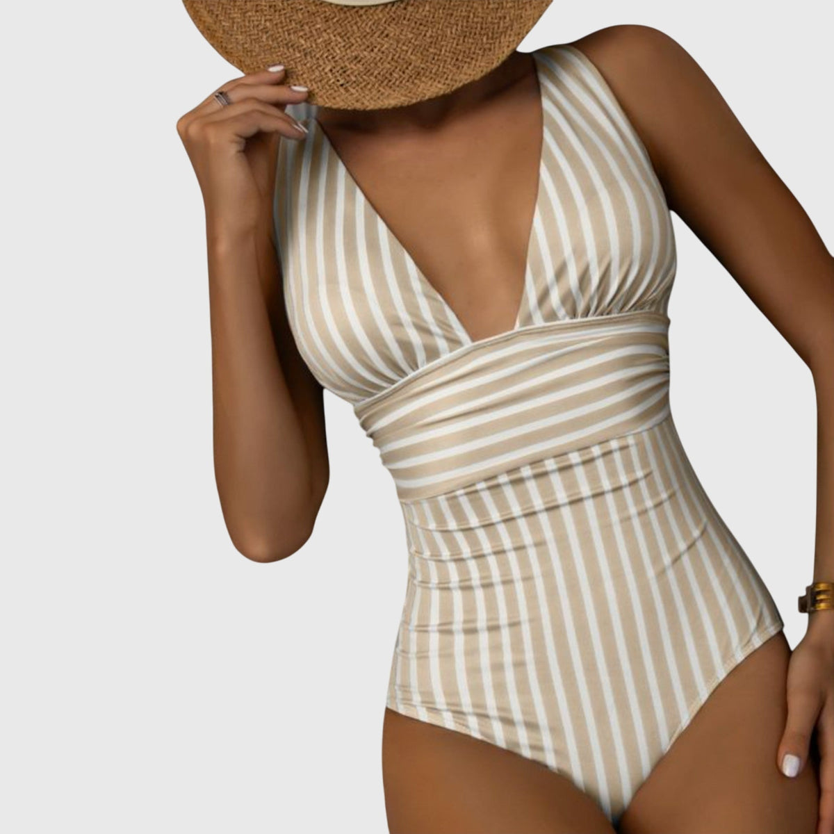 Striped Deep V-Neck Ruched One Piece Swimsuit
