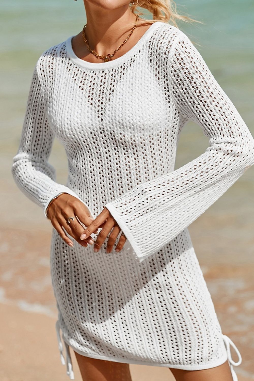 Hollow Out Bell Sleeve Drawstring Knit Cover Up Dress