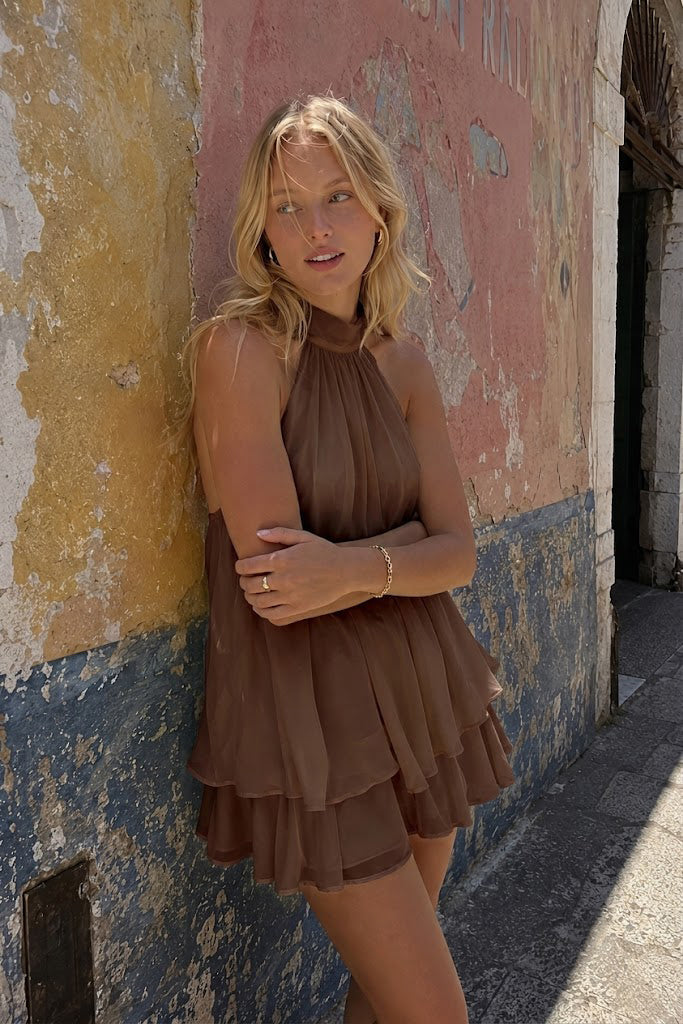 Sexy Backless Halter Tie Waist Slim Fit Ruffled Mini Dress