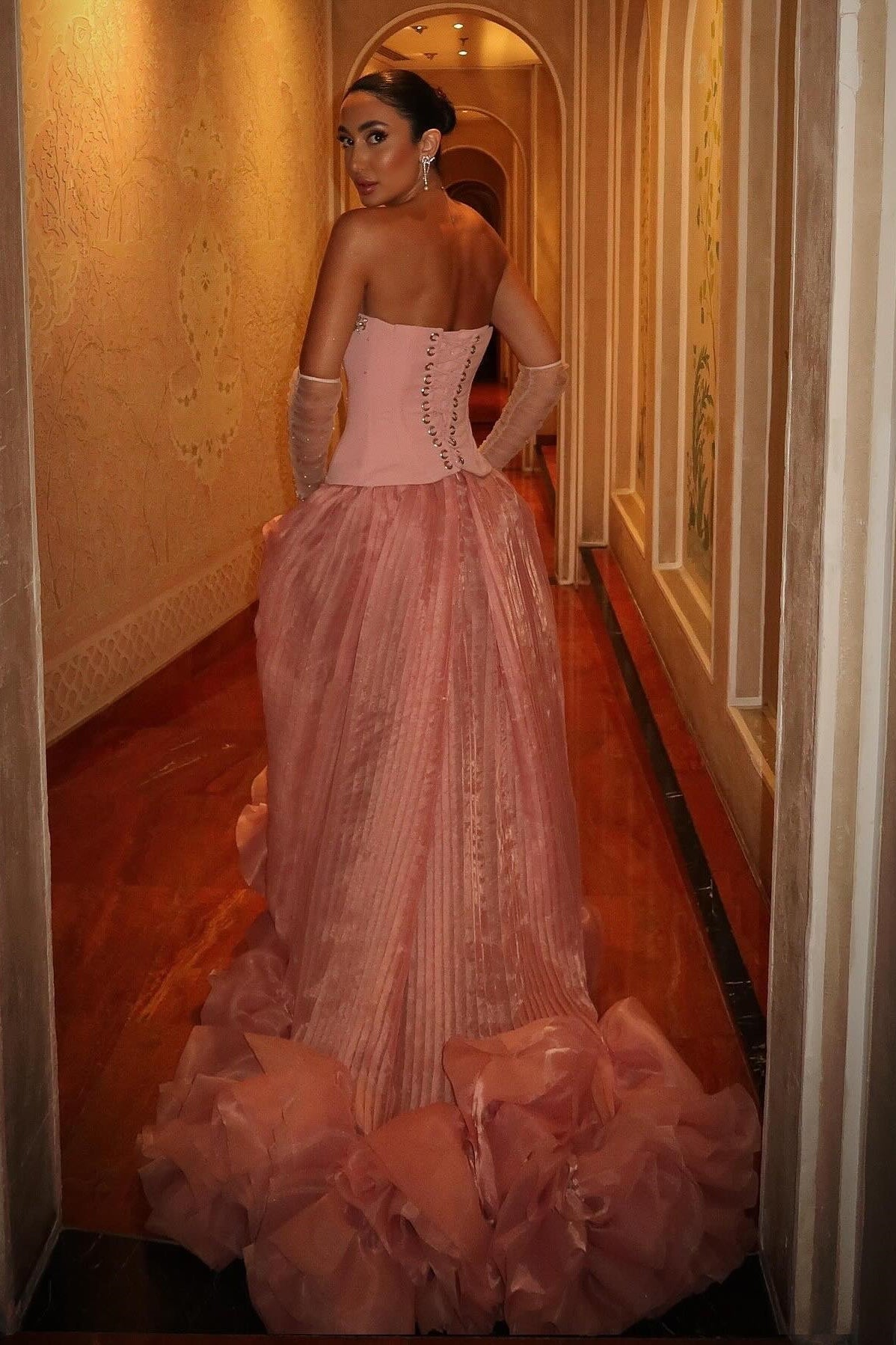 Princess A Line Strapless Pink Corset Long Formal Dress with Beading