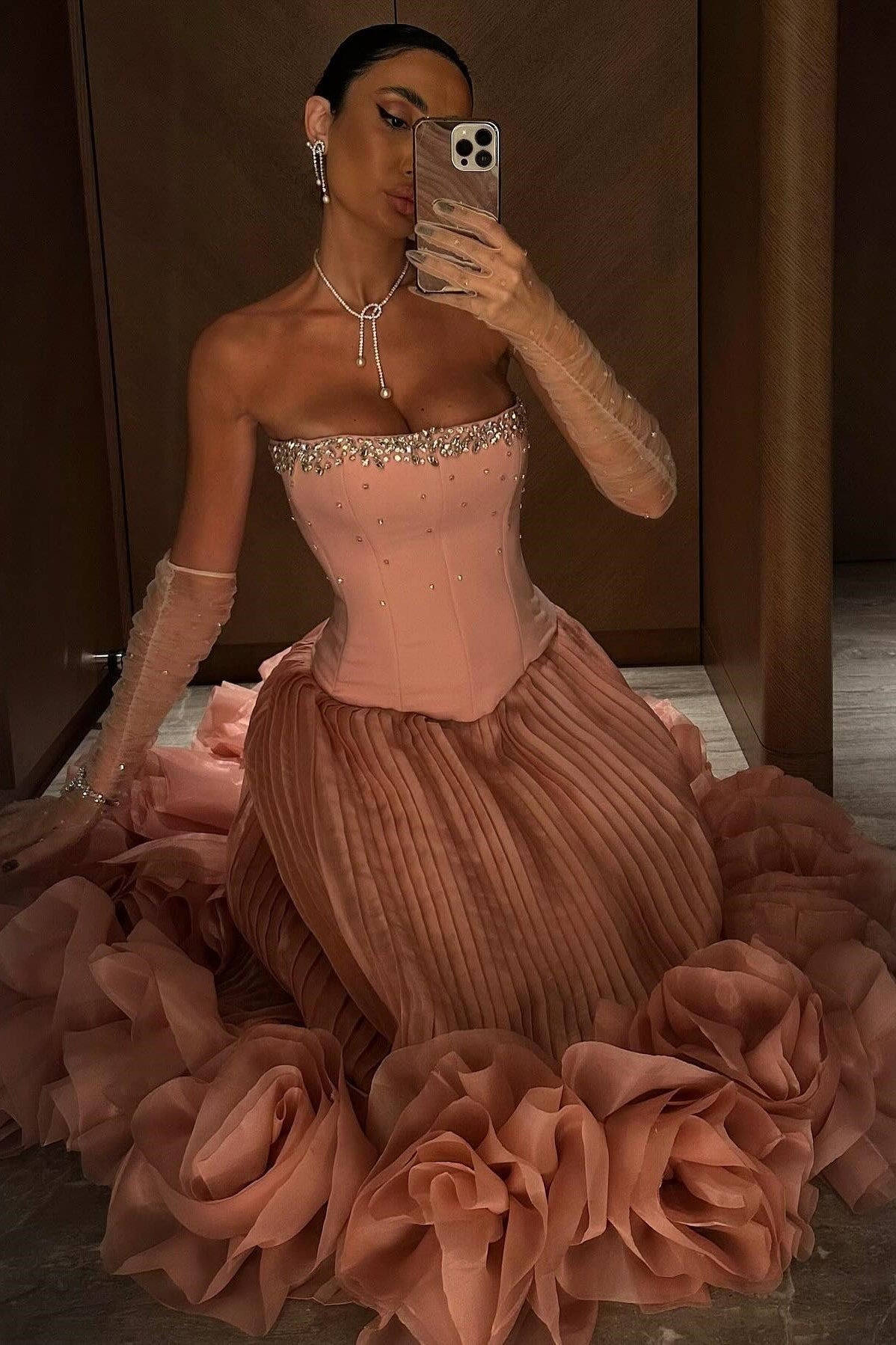 Princess A Line Strapless Pink Corset Long Formal Dress with Beading