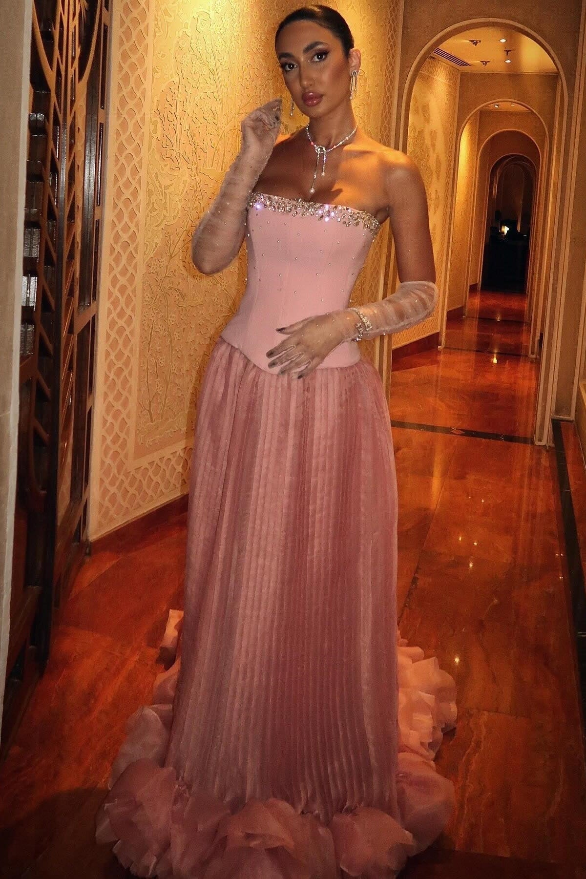 Princess A Line Strapless Pink Corset Long Formal Dress with Beading