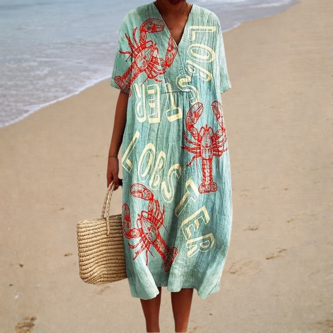 Lobster Print V-Neck Short Sleeve Beach Dress