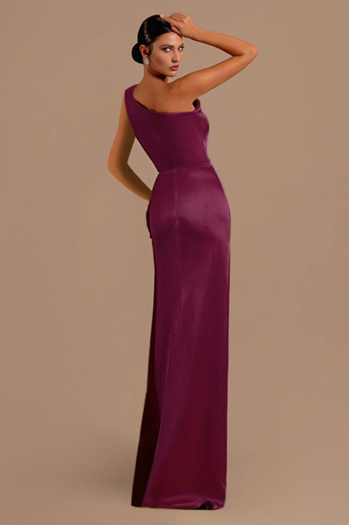 Satin One Shoulder Pleated Draped High Split Evening Gown 3