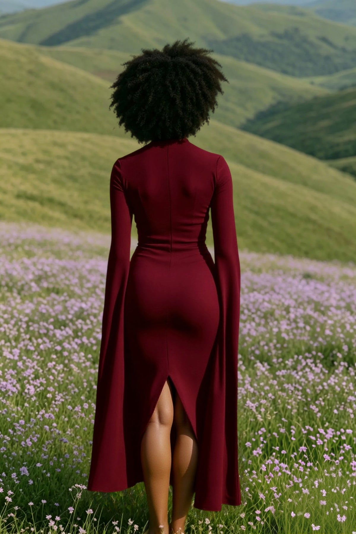 Square Neck Floor Length Cape Sleeve Bodycon Midi Dress 4
