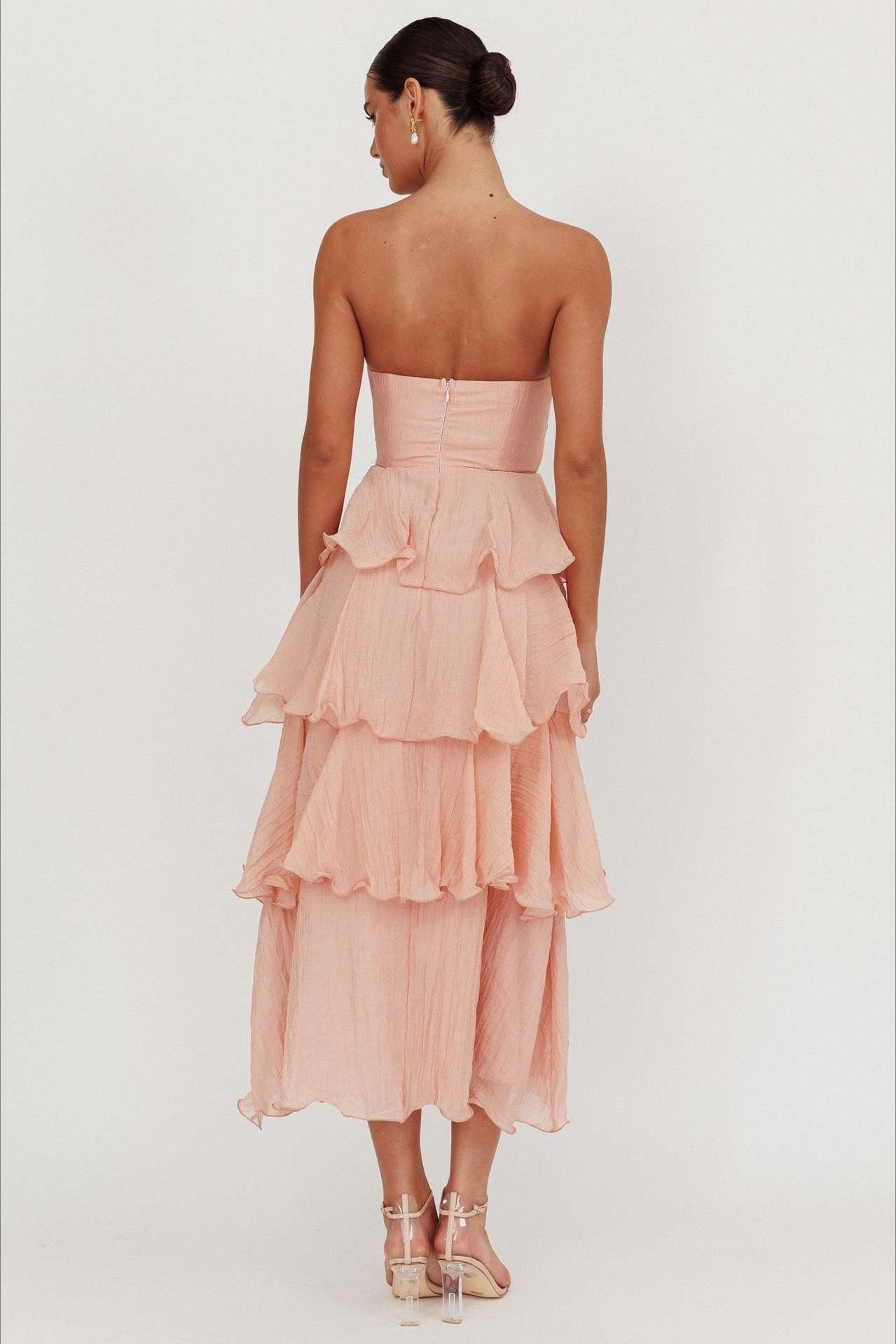 Strapless Tiered Ruffle Fit and Flare Midi Dress