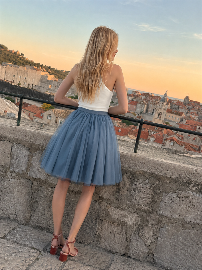 High-Waist Pleated Denim Mini Skort