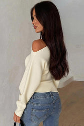 One Shoulder Slit Ribbed Long Sleeve Top