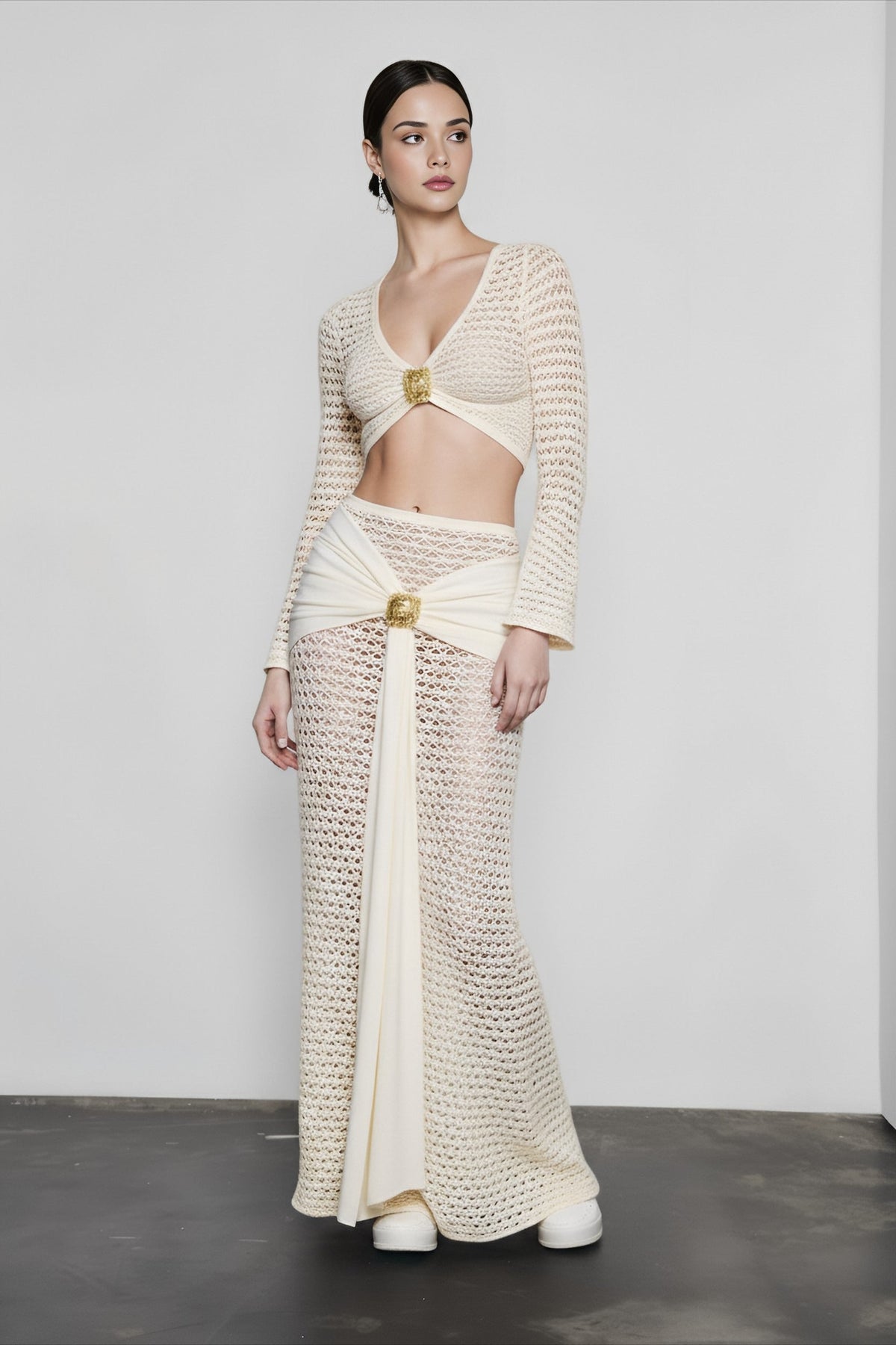 Crochet Knit Long Sleeve Crop Top and Draped Maxi Skirt Two Piece Set