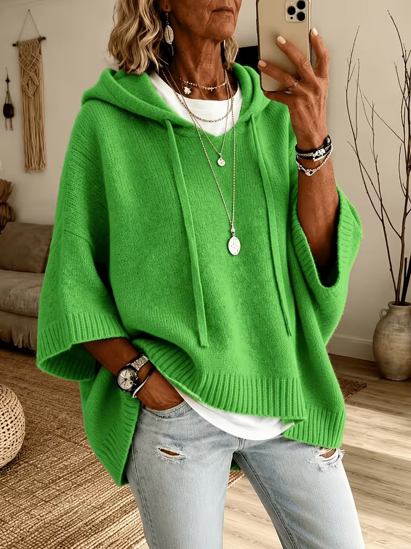 Hooded Drawstring Oversized Knit Poncho Sweater