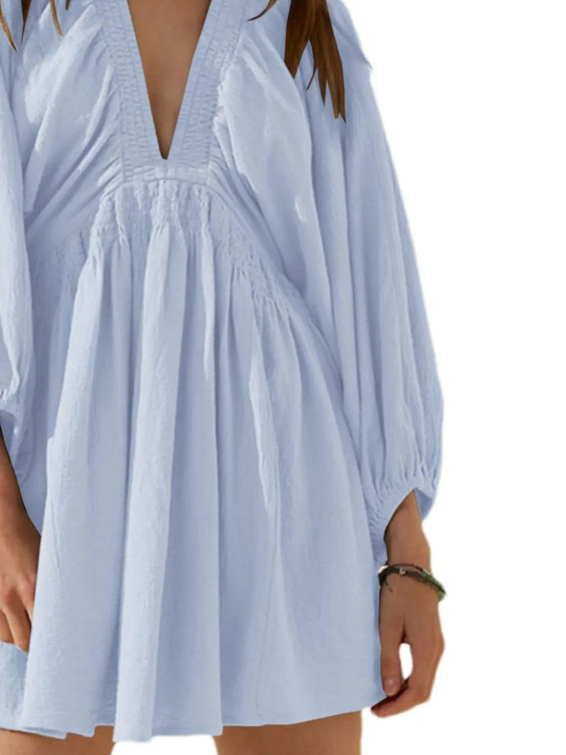 Textured Deep V-Neck Balloon Sleeve Smocked Waist Swing Mini Dress 12