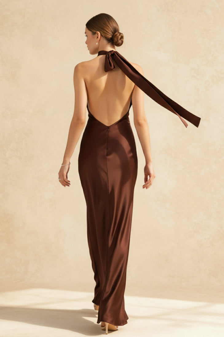 Vintage Solid Satin Backless Maxi Dress 5