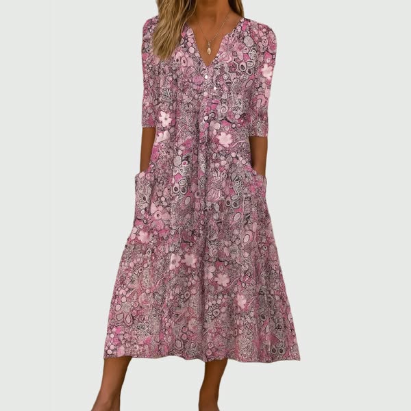 Floral Print V-Neck Half Sleeve Button Front Pocket Midi Dress
