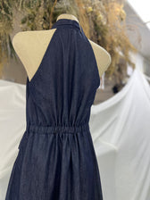 Denim Halter Neck Sleeveless Twist Waist Maxi Dress 8