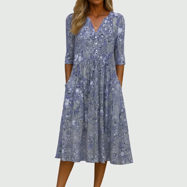 Floral Print V-Neck Half Sleeve Button Front Pocket Midi Dress