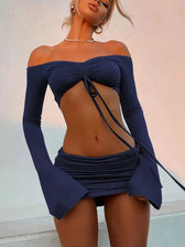 Crop Top And Bodycon Skirt Set With Drawstring Ruched Detail S / Black Outfits