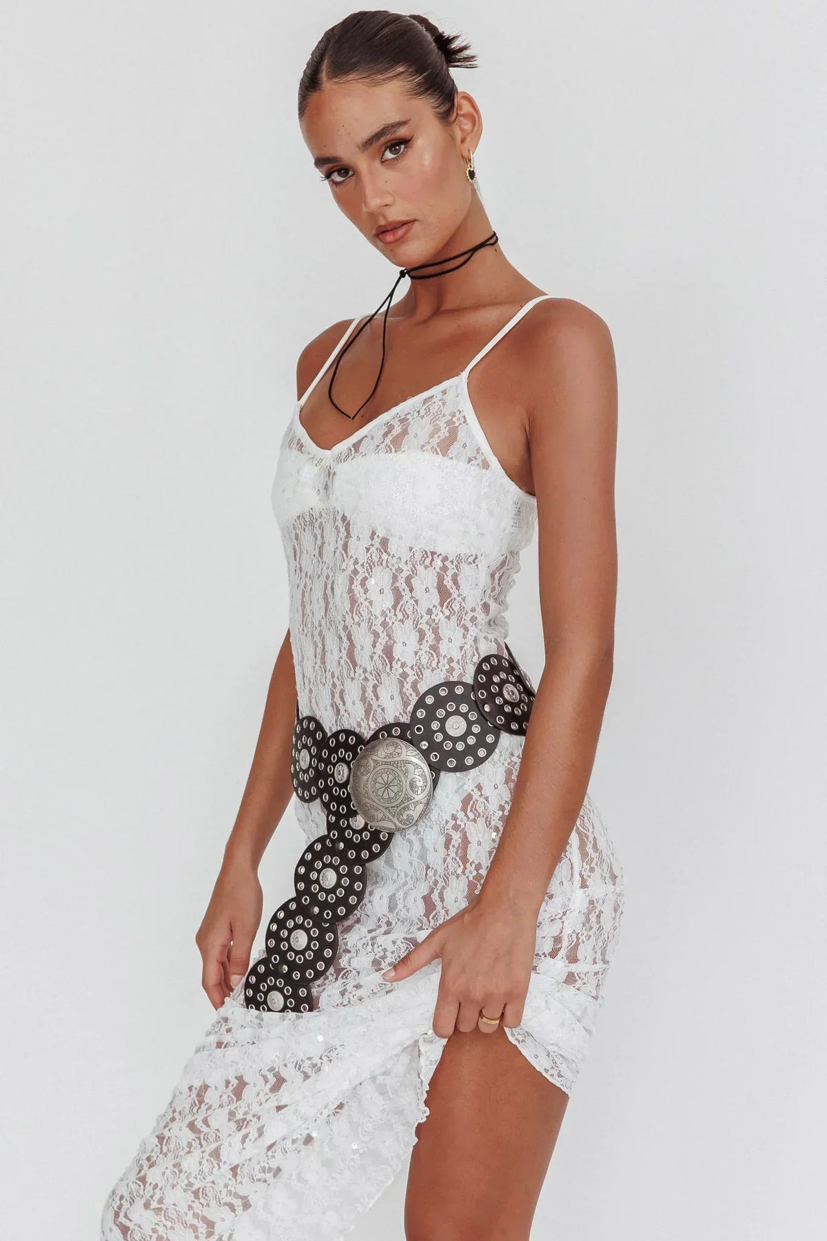 Sheer Lace Sequin V-Neck Spaghetti Strap Column Maxi Dress 2