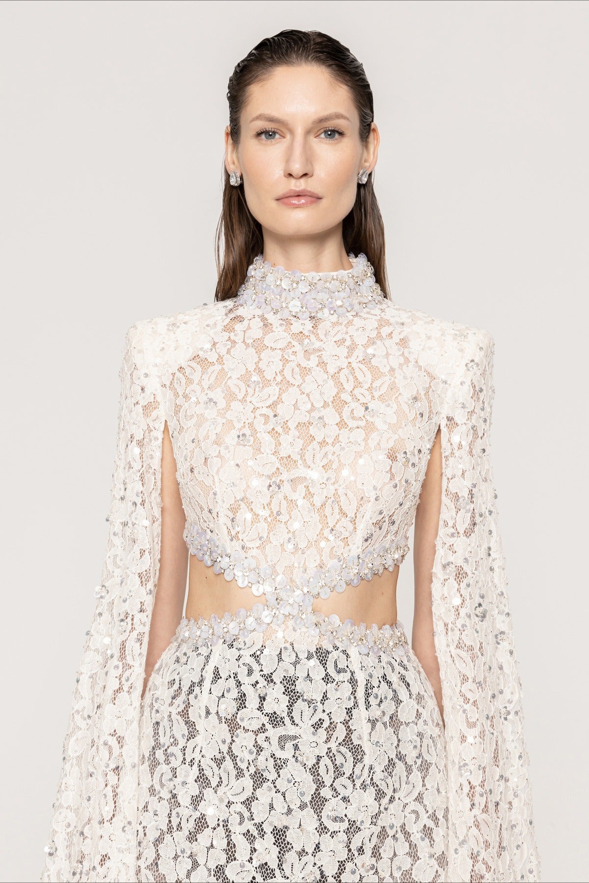 Lace Beaded Sequin Slim Cape Reception Dress