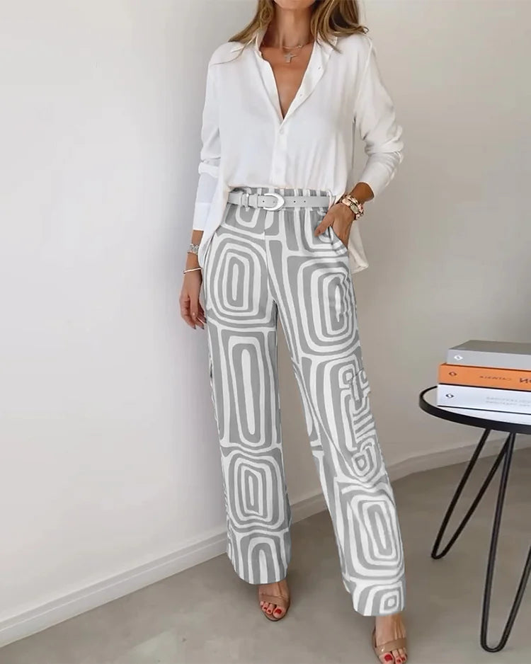 Long Sleeve Shirt and Geometric Print Wide Leg Pants Two Piece Set