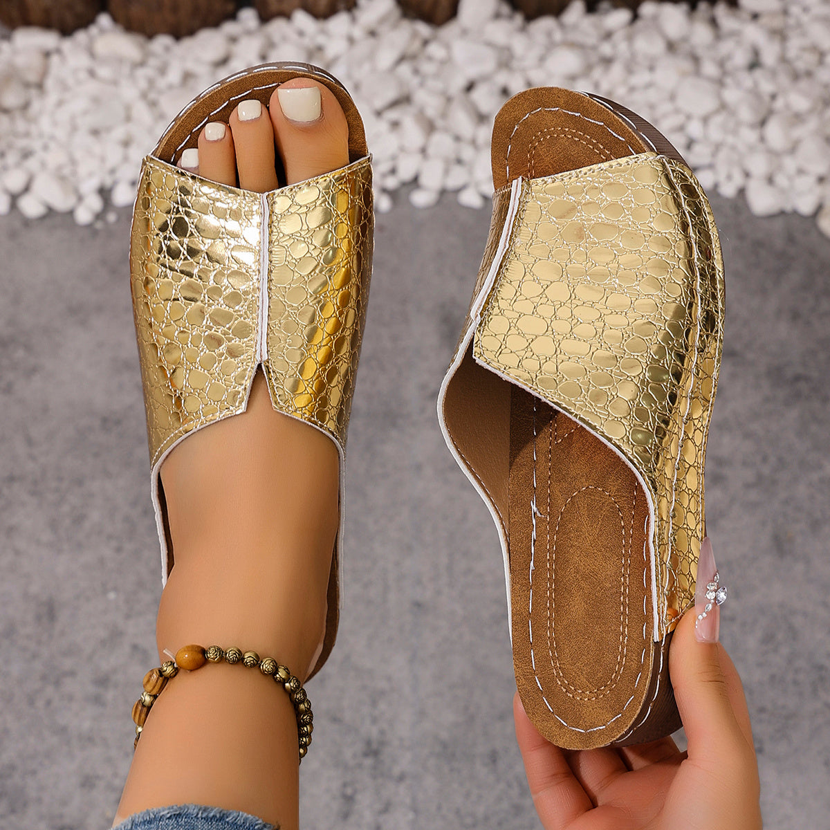 Open Toe Snake Print Slip On Wedge Sandals