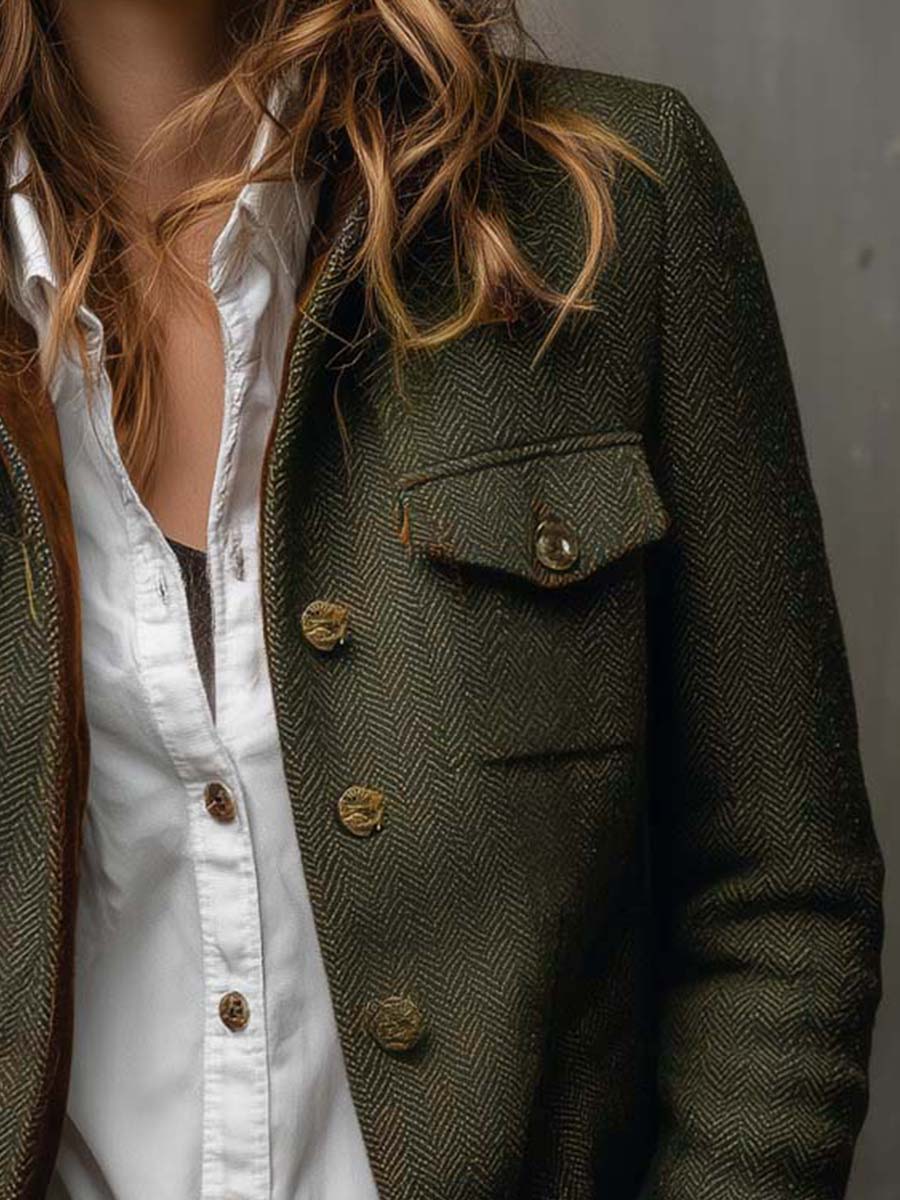 Herringbone Tweed Contrast Trim Button Front Jacket