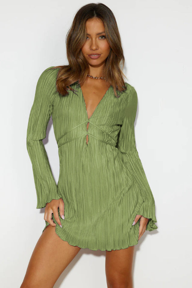 Plisse Deep V-Neck Flare Long Sleeve Lace Up Front Mini Dress 35