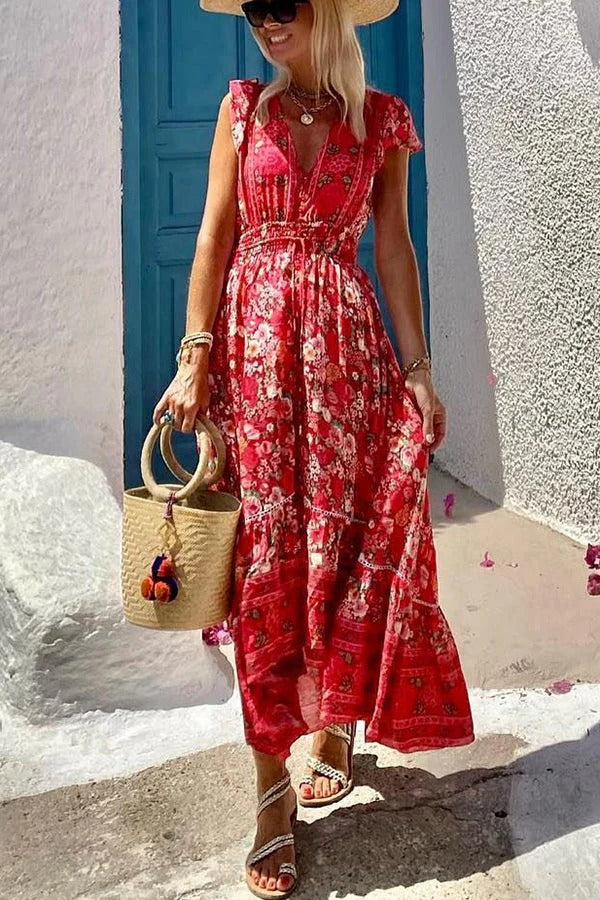 Boutique Oriana Summer in Greece Boho Print, Ruffle Sleeves, Elastic Waist, High Low Midi Dress Premium Wardrobe Essential