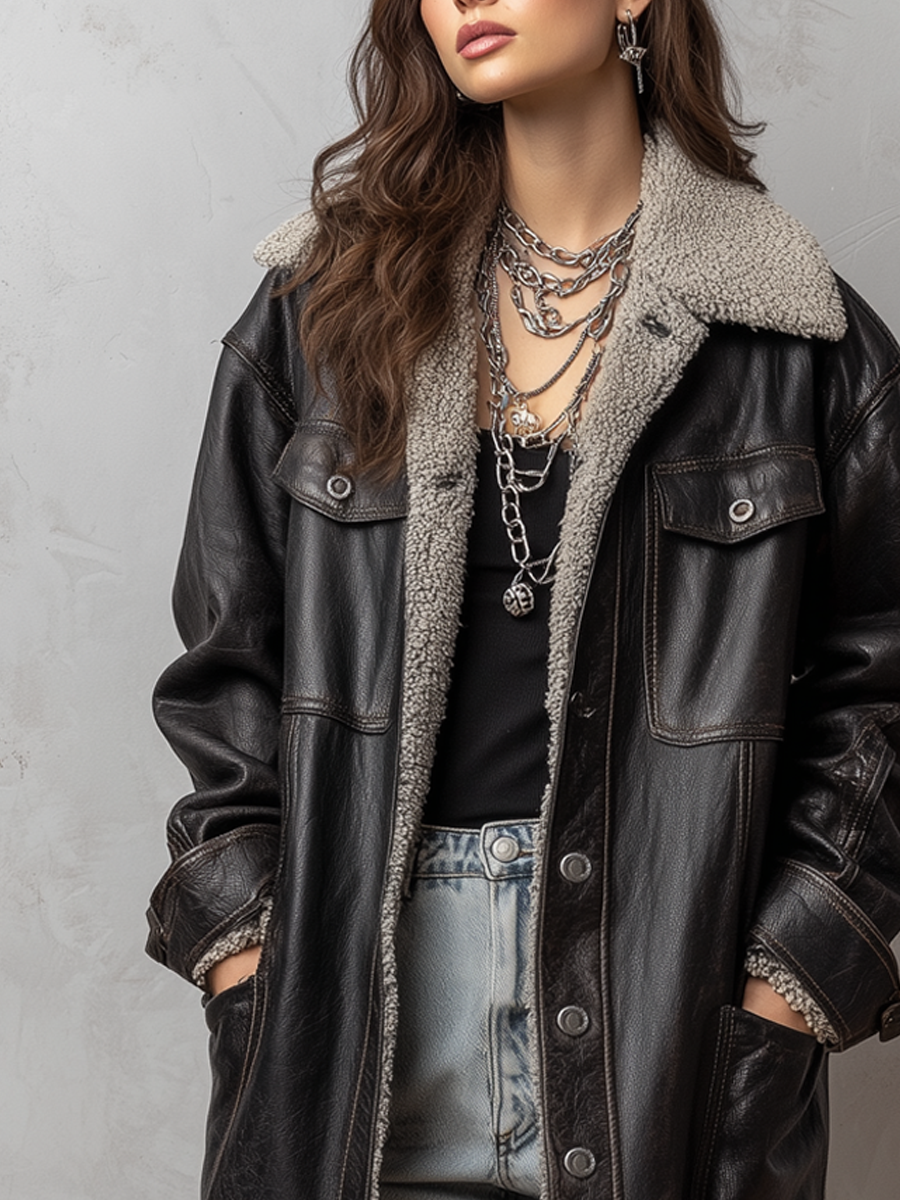 Casual Pocket Shearling Eco-friendly Leather Coat