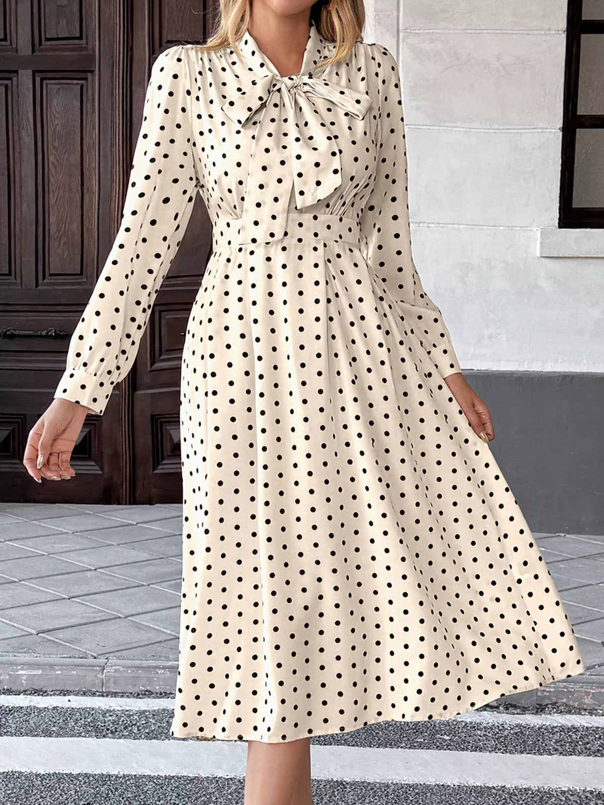 Polka Dot Bow Tie Neck Long Sleeve Pleated A-Line Midi Dress 3