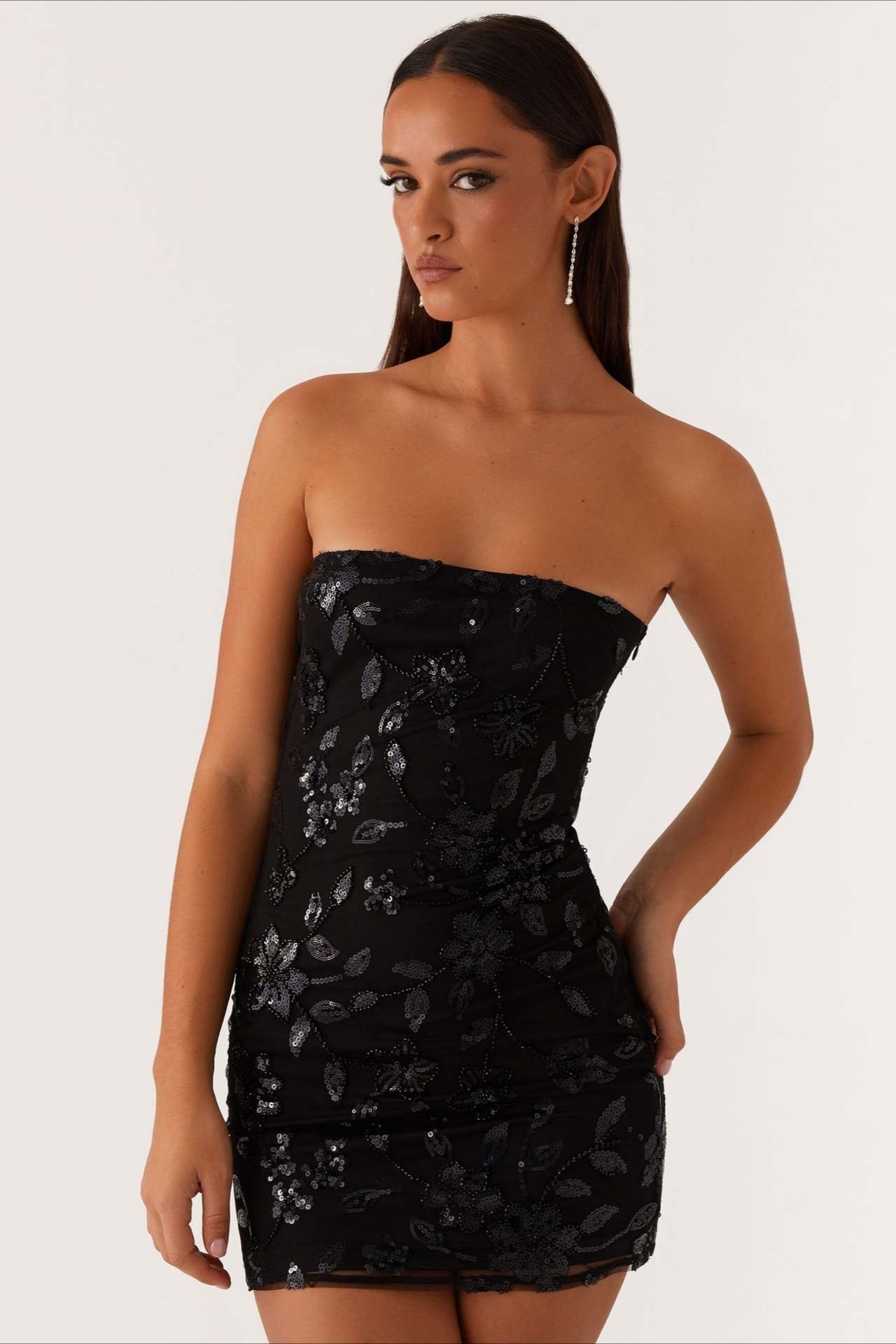 Floral Sequin Strapless Ruched Bodycon Mini Dress