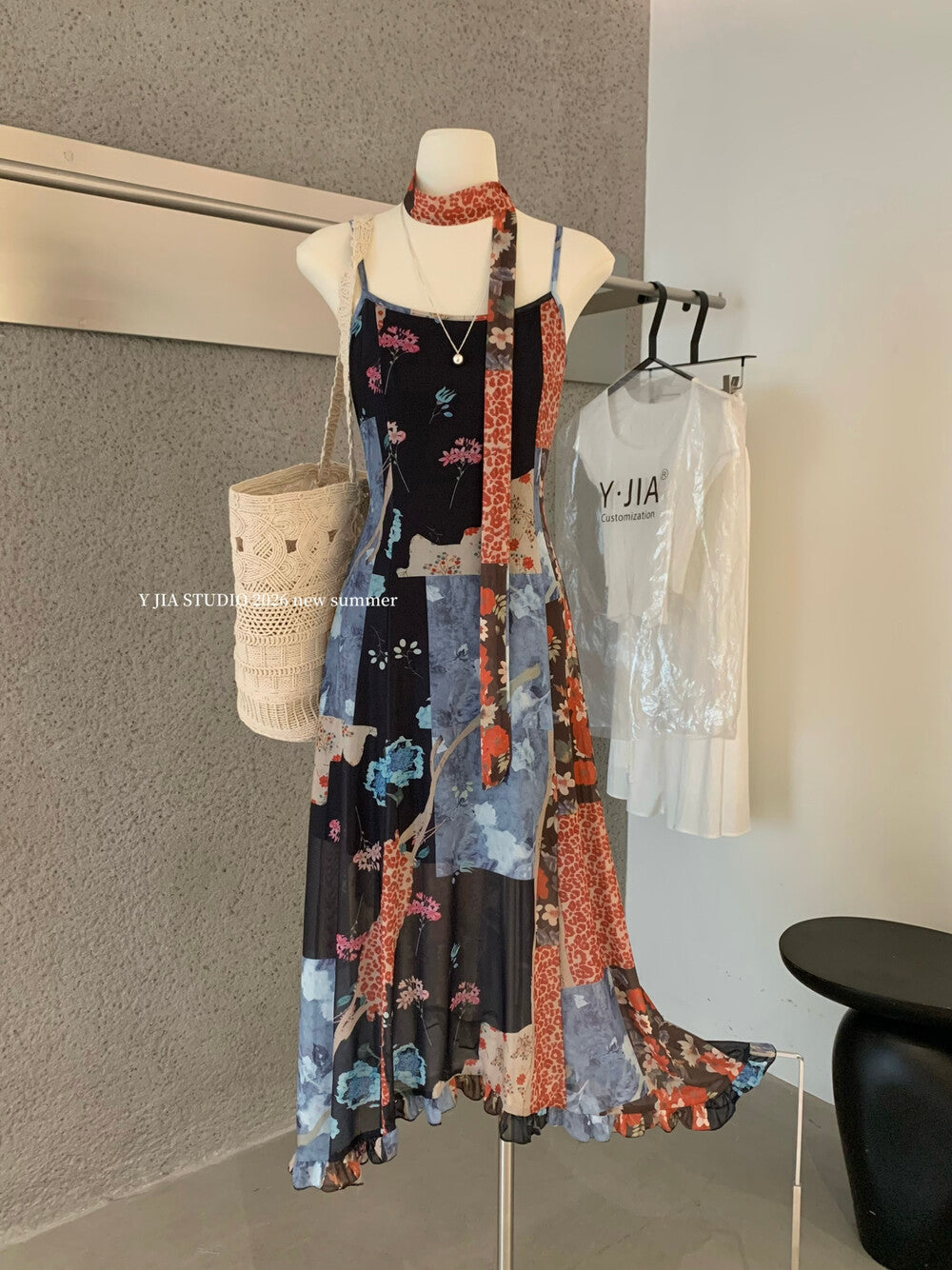 Floral Patchwork Spaghetti Strap Ruffle Maxi Dress 12