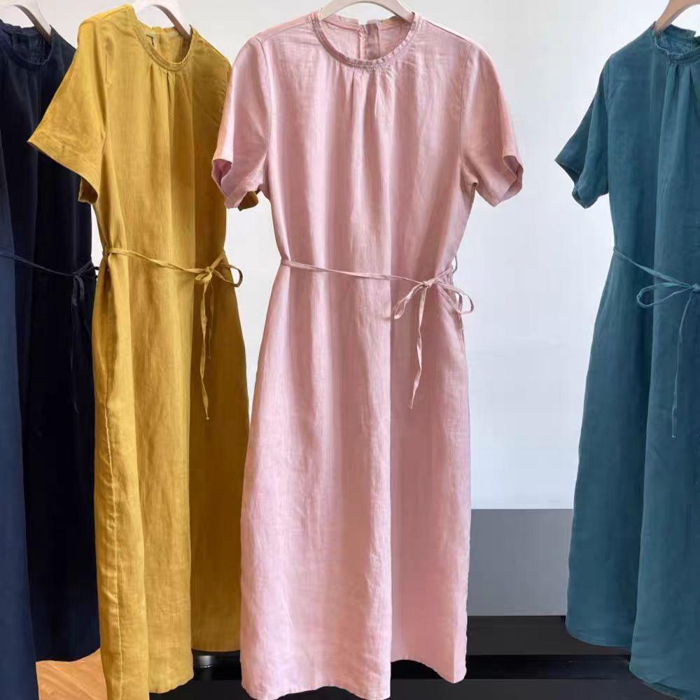 Round Neck Short Sleeve Tie Waist Linen Midi Dress Summer 4