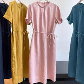 Round Neck Short Sleeve Tie Waist Linen Midi Dress Summer 4