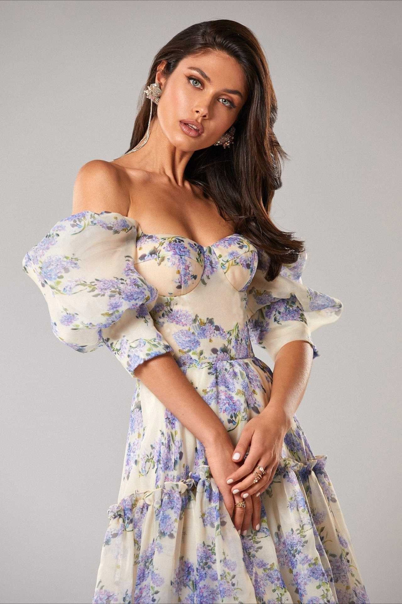 Floral Off Shoulder Puff Sleeve Sweetheart Tiered Maxi Dress