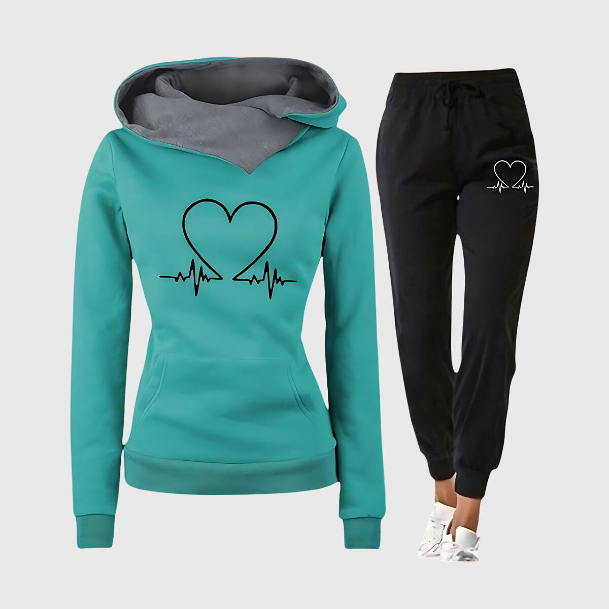 Heart Print Hoodie and Joggers Two Piece Set
