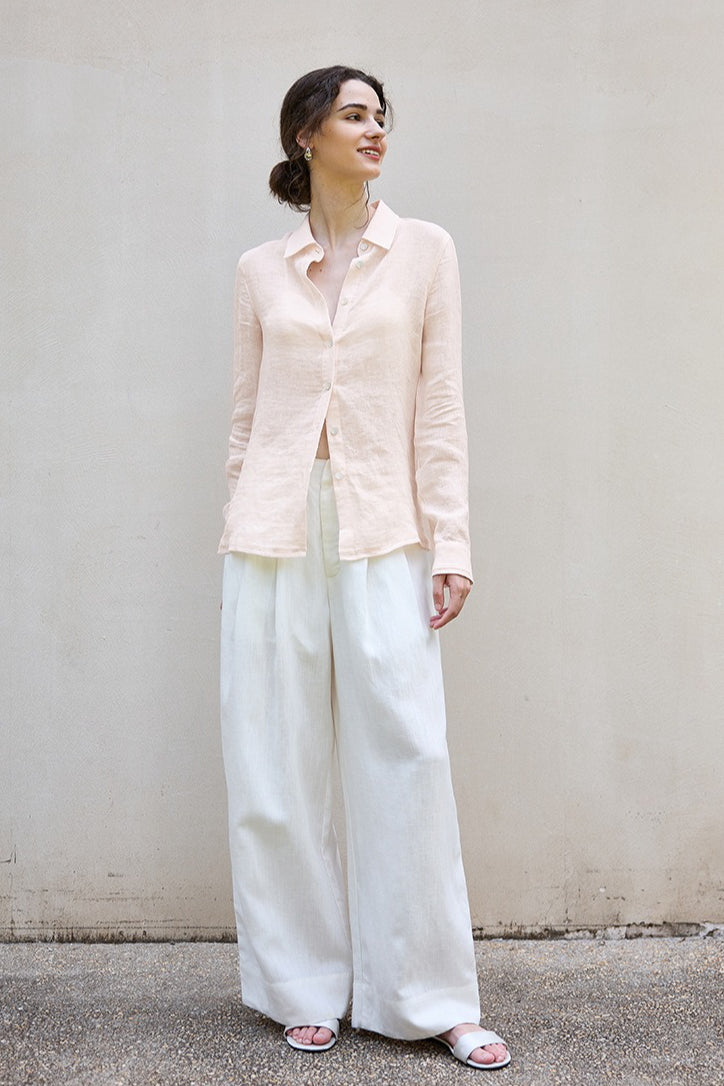 Semi Sheer Linen Look Collared Long Sleeve Slim Button Front Shirt 6