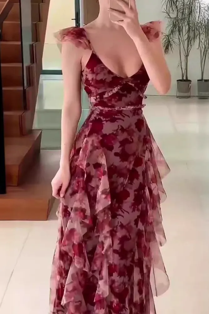 Unique Tulle Chiffon Rose Floral Print Ruffles Party Evening Dress A Line Prom Dress cc1432