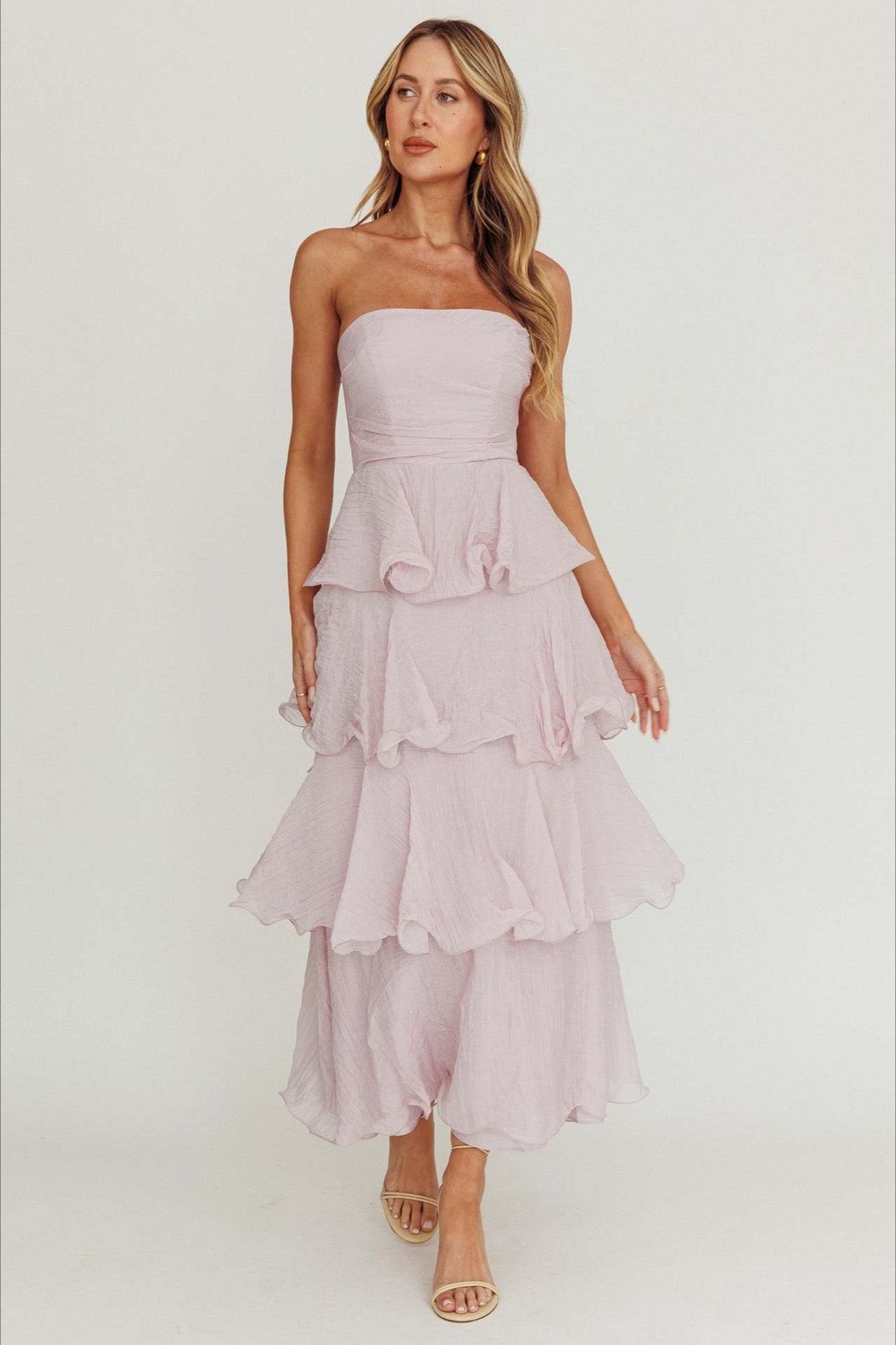 Strapless Tiered Ruffle Fit and Flare Midi Dress