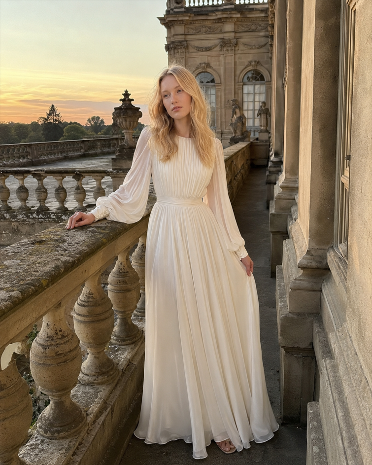 Lantern Sleeve Pearl Sheer Maxi Dress
