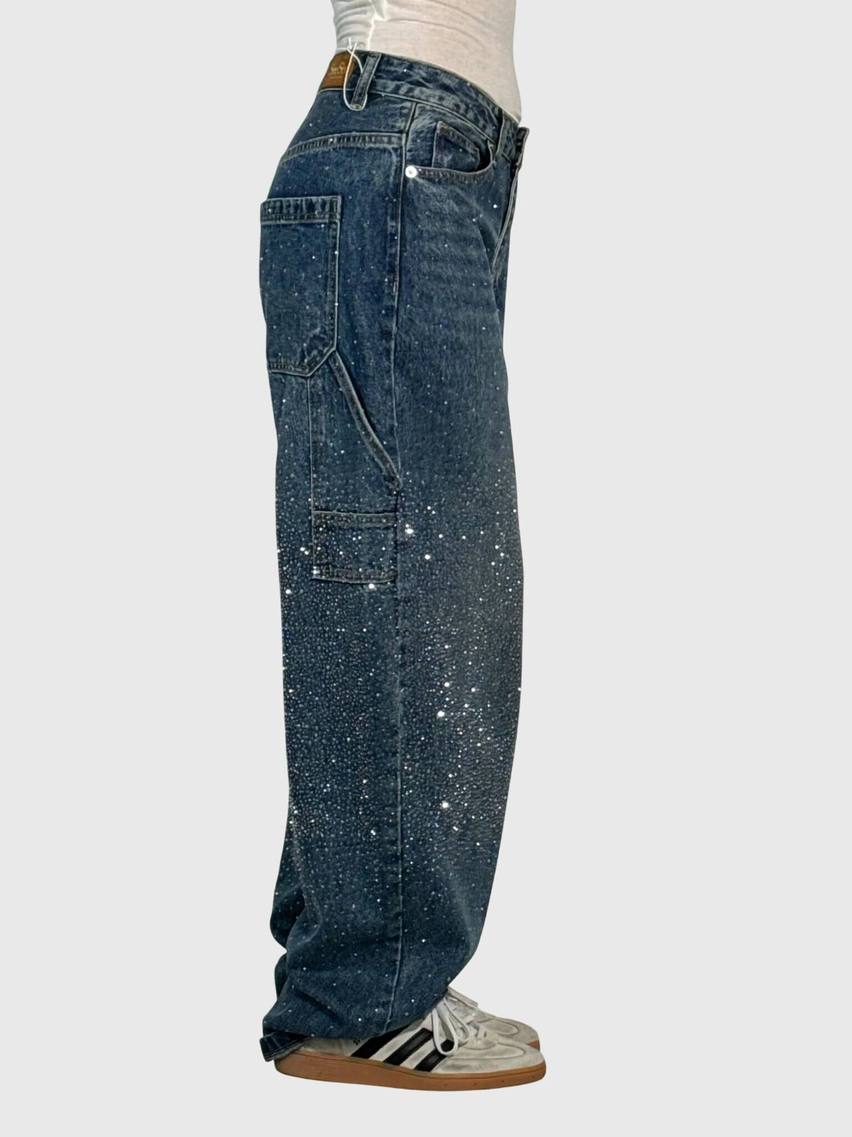 Rhinestone Embellished Wide Leg Cargo Jeans