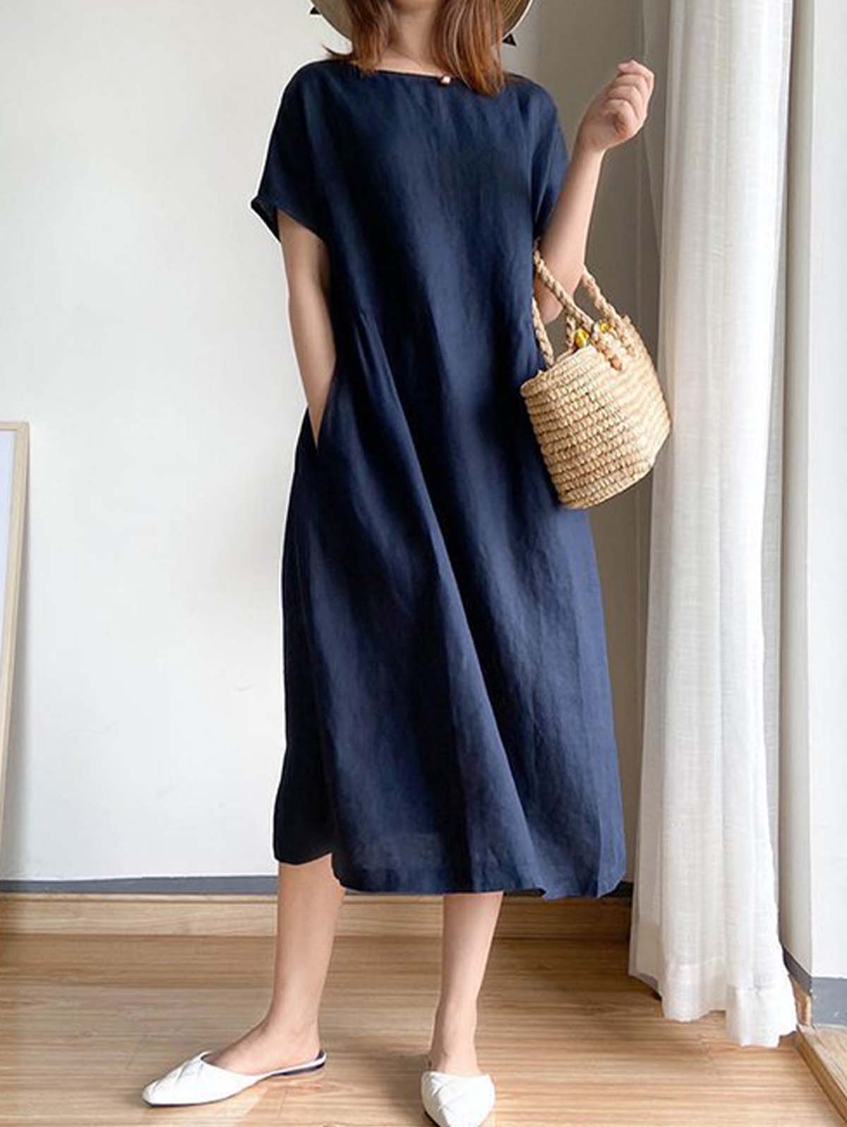 Round Neck Short Sleeve Gathered Empire Waist Pocket A-Line Midi Dress