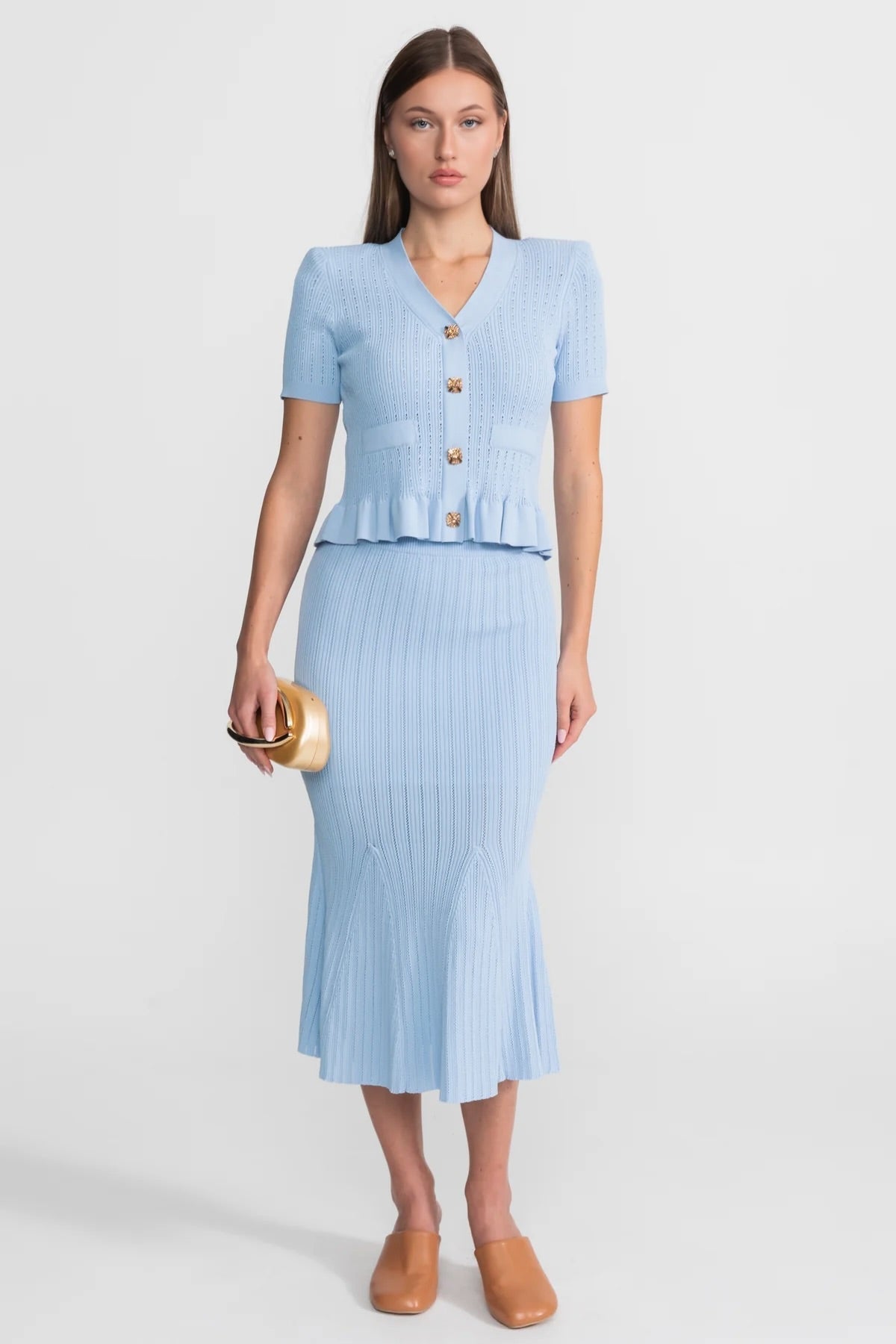 Pointelle Knit Button Front Peplum Top and Mermaid Midi Skirt Two Piece Set