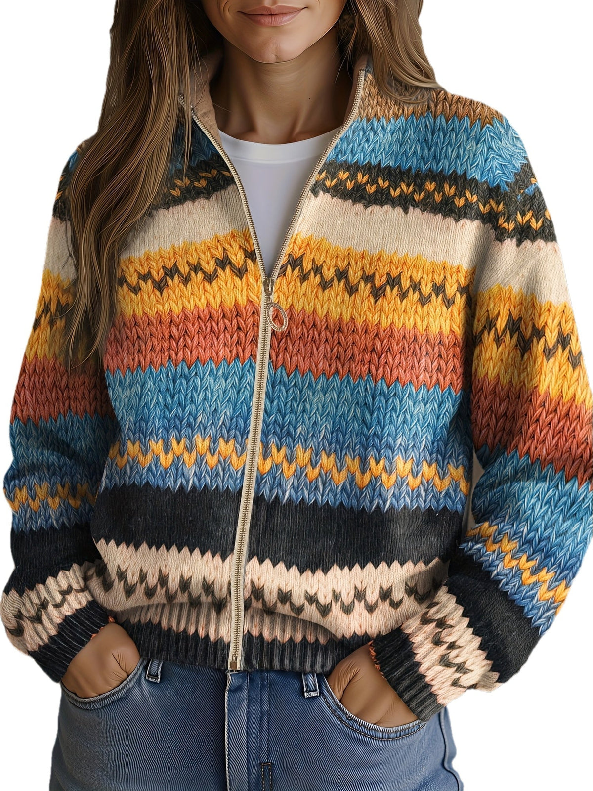 Zigzag Striped Fair Isle Zip Front Cardigan