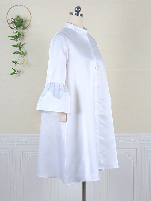 Satin Stand Collar Bell Sleeve Swing Midi Dress 6