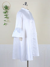 Satin Stand Collar Bell Sleeve Swing Midi Dress 6