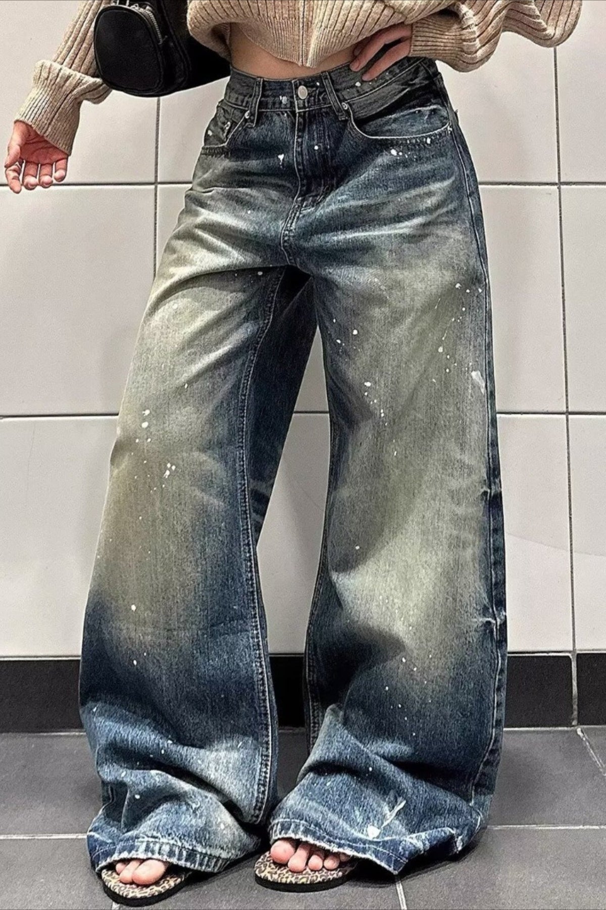 Paint Splatter Faded Wash Baggy Wide Leg Jeans 2