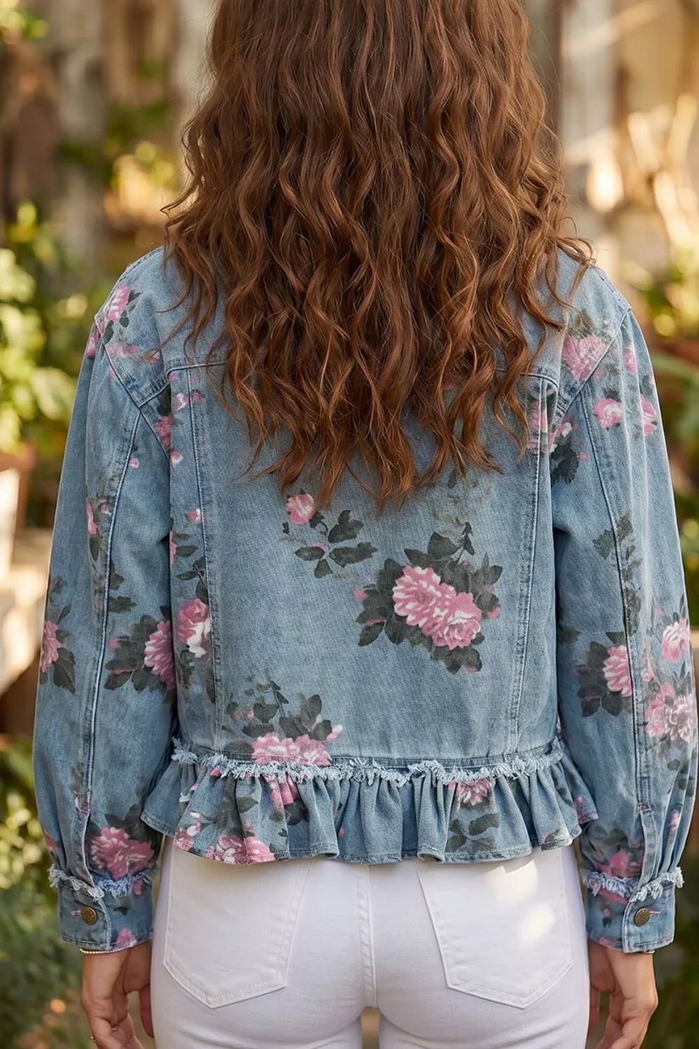 Floral Print Button Front Frayed Ruffle Hem Denim Jacket 6