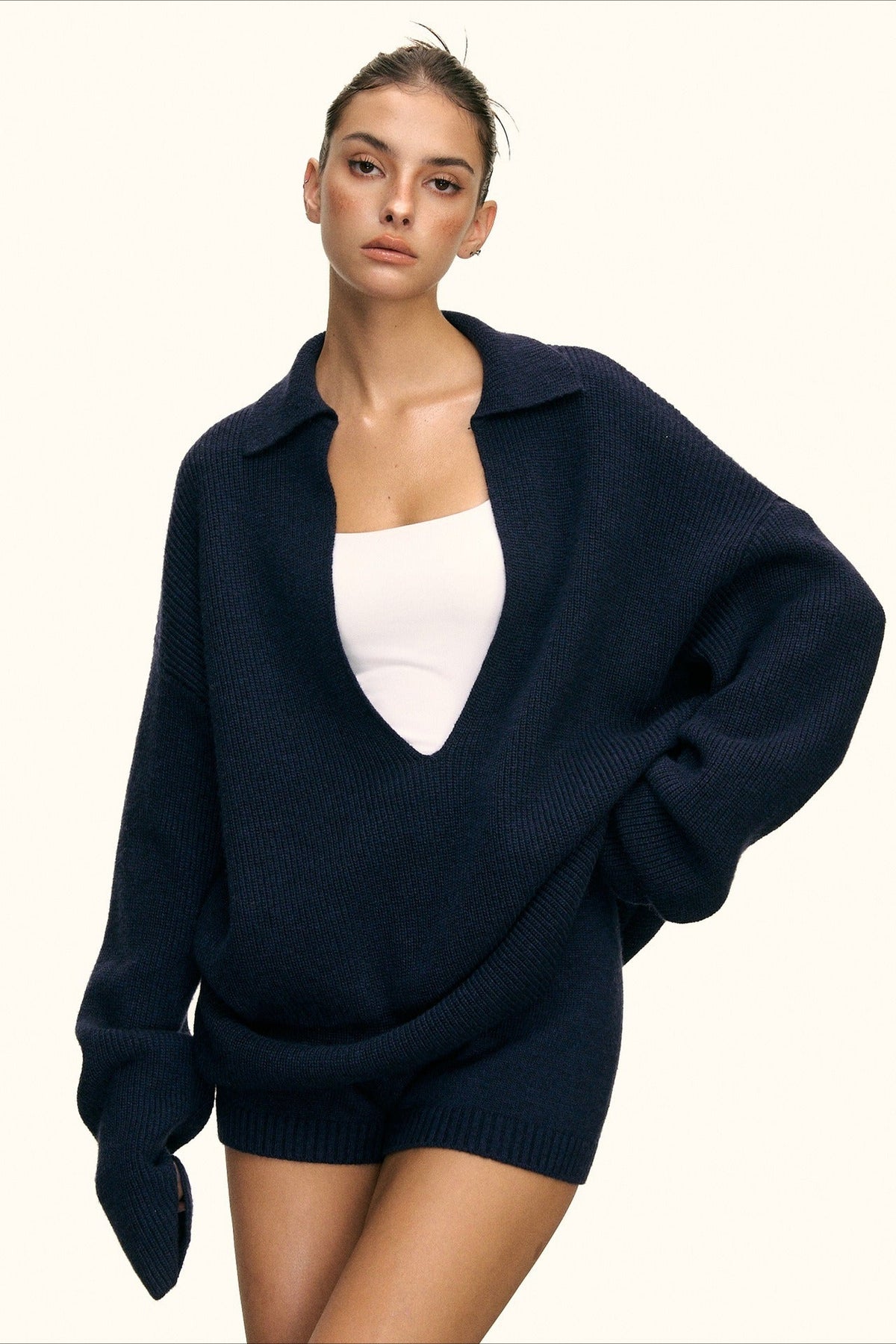 Oversized Collared Deep V-Neck Sweater and Knit Shorts Two Piece Set